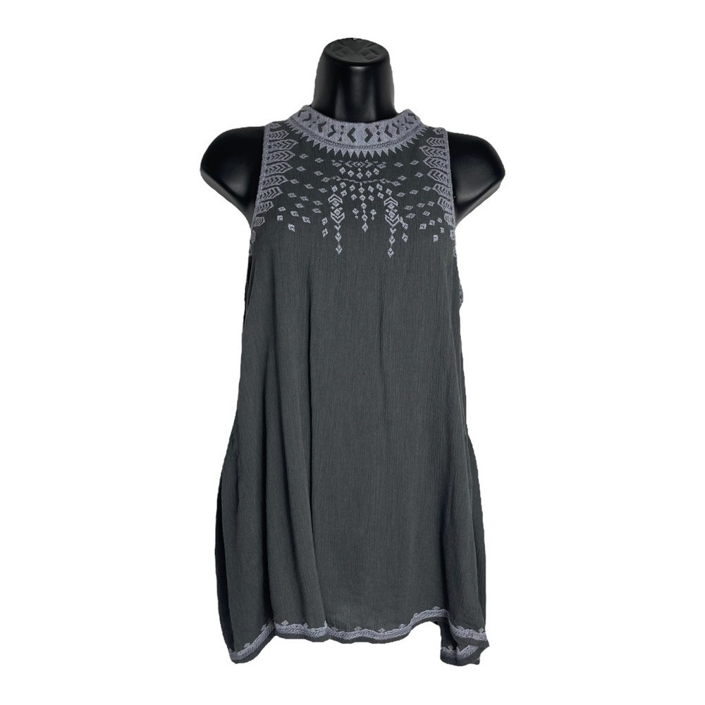 Womens Sleeveless Boho Tunic Top Gray Embroidered Flowy Large Festival Ethereal